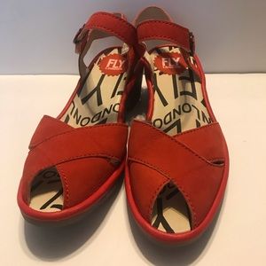 Fly London 38 8 Red Leather Wedge Sandals Shoes